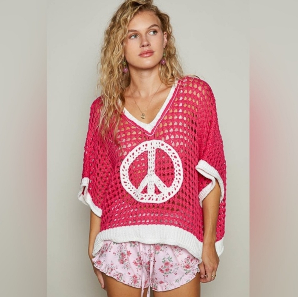 POL Open Knit Vneck Peace Sign Summer Sweater. Pink/White. Size S - Picture 2 of 11